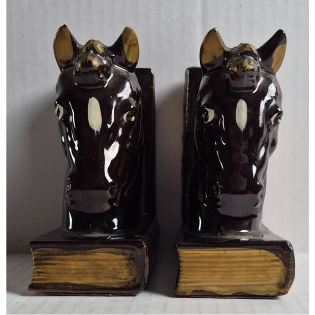 Mid-Century Modern Vintage MCM Brown Gold Ceramic Hand Painted Horse Head Equestrian Decor Bookends Pair For Sale - Image 3 of 7