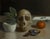 In "Monkeys and Stones," a still life composition unfolds with a skull, vibrant fruit, and polished stones, all arranged...