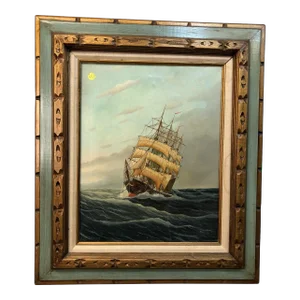Euripean School Ship at Sea Antique Oil on Canvas Signed on the Bottom