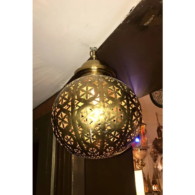 1970s Moroccan Brass Ball Chandelier With Embossed Patterns and Warm Glow For Sale - Image 6 of 11