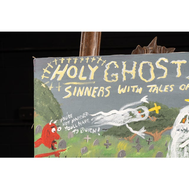 An original early-21st-century acrylic painting on canvas by outsider artist Eddie Ghent. Entitled “Holy Ghosts Haunt...