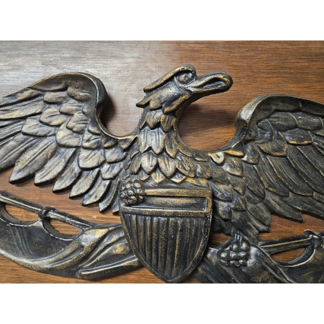 Antique Cast Iron American Eagle With Flag & Crest on Wooden Wall Mount For Sale - Image 6 of 7