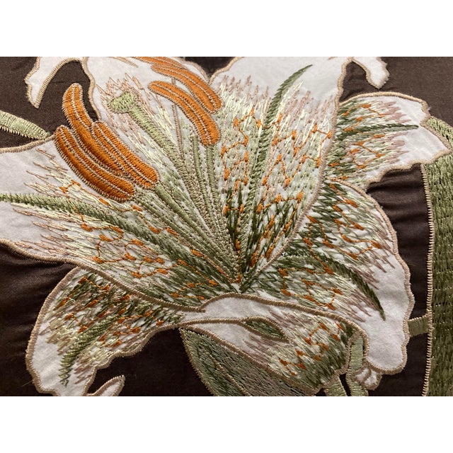 Modern Floral Embroidered Decorative Accent Satin Lumbar Pillow Cover For Sale - Image 3 of 7