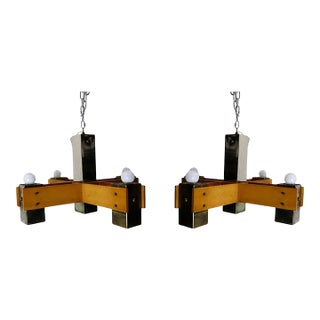 Pair of Mid Century Modern Wood & Chrome Hanging Chandeliers For Sale