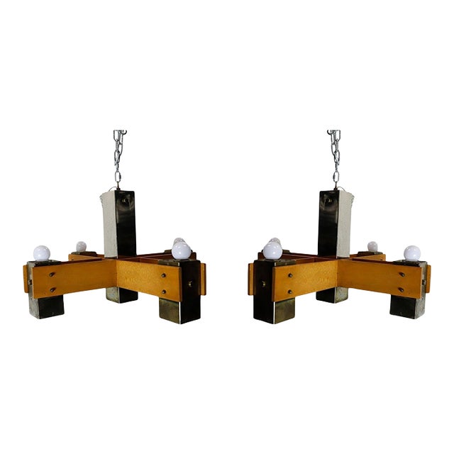Pair of Mid Century Modern Wood & Chrome Hanging Chandeliers For Sale