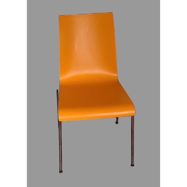 Wood Late 20th Century Vintage Set of 6 Dining Room Stackable Mid-Century Modern Orange Plywood Formica Chairs For Sale - Image 7 of 11