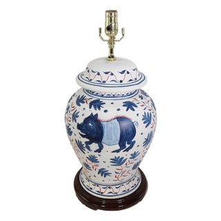 Vintage Brunschwig & Fils Cadiz Table Lamps - Blue and Cream Ceramic With Boar and Deer Motif For Sale