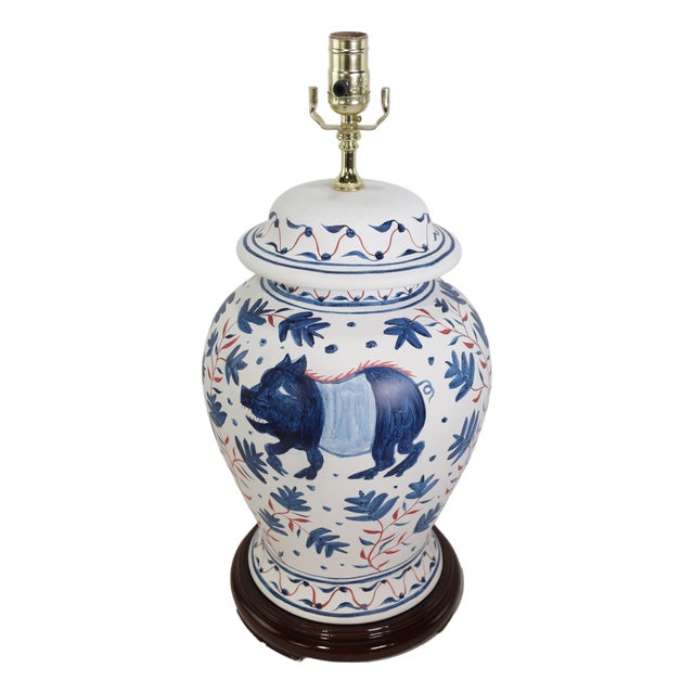 Vintage Brunschwig & Fils Cadiz Table Lamps - Blue and Cream Ceramic With Boar and Deer Motif For Sale