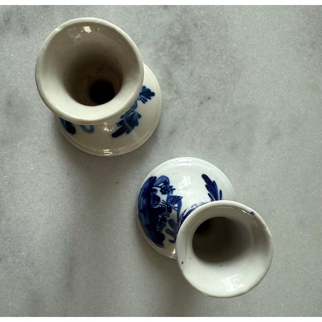 Pair of Vintage Porcelain Hand Painted Blue and White Delft Candle Holders For Sale - Image 9 of 10