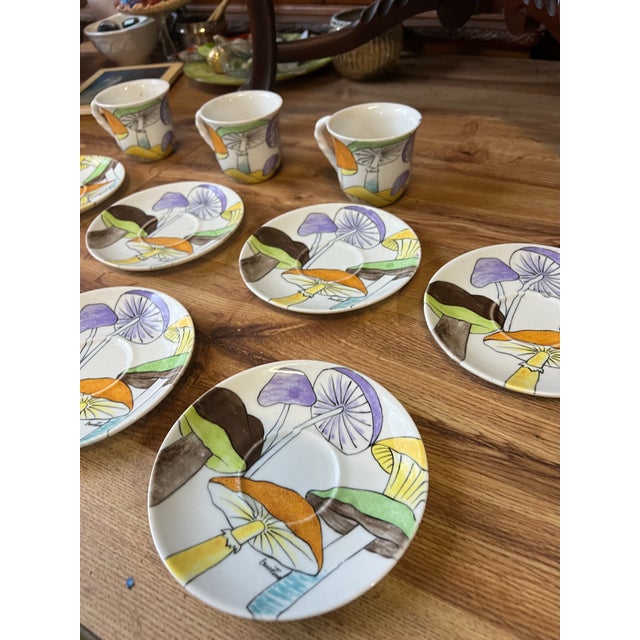 1970s Collection of Saucers and Teacups With Hand Painted Mushroom Details- Set of 12 For Sale - Image 4 of 11