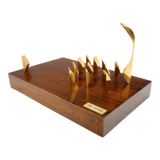 Mid 20th Century Modern Flock of Birds Sculpture Solid Brass Figurines on Walnut Rectangle Block For Sale