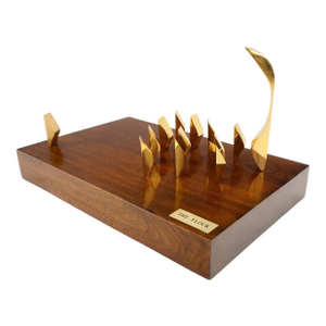 Mid 20th Century Modern Flock of Birds Sculpture Solid Brass Figurines on Walnut Rectangle Block