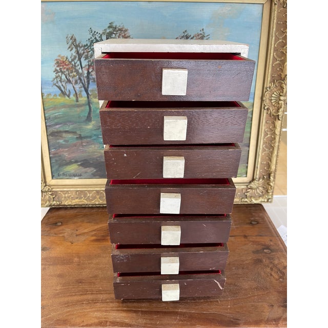 Brown 1970s Mid-Century Modern M.I.M.Lador Inc New York Wooden Jewelry Chest With Seven Drawers, Made in Japan For Sale - Image 8 of 10