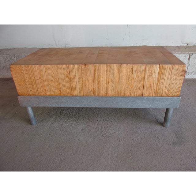 One of a kind vintage 1940s custom made heavy duty countertop butcher block cutting board. Features multiple oak slabs...