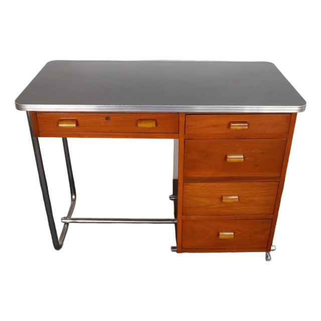 Bauhaus Desk in Beech, Black Laminate, and Bakelite With Tubular Steel Base For Sale