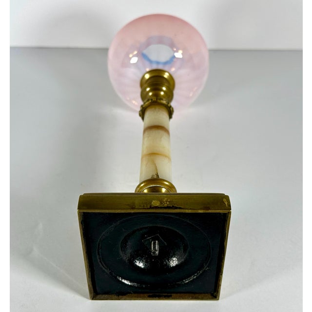 Pink Victorian Oil Lamp: Onyx & Brass Base with Iridescent Art Glass, c. 1870 For Sale - Image 8 of 10