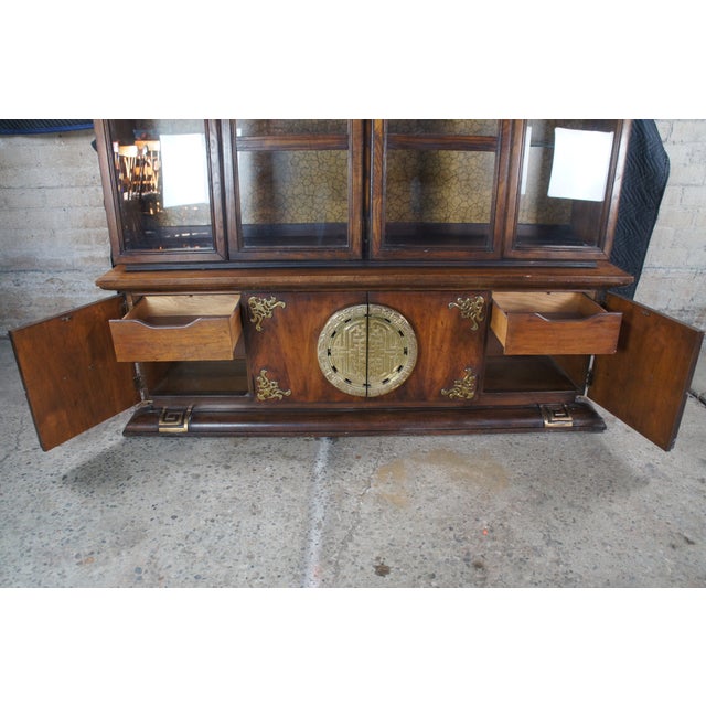 1970s Oak Chinese Chinoiserie Shou Ming Style China Display Cabinet Credenza 84" For Sale - Image 16 of 16