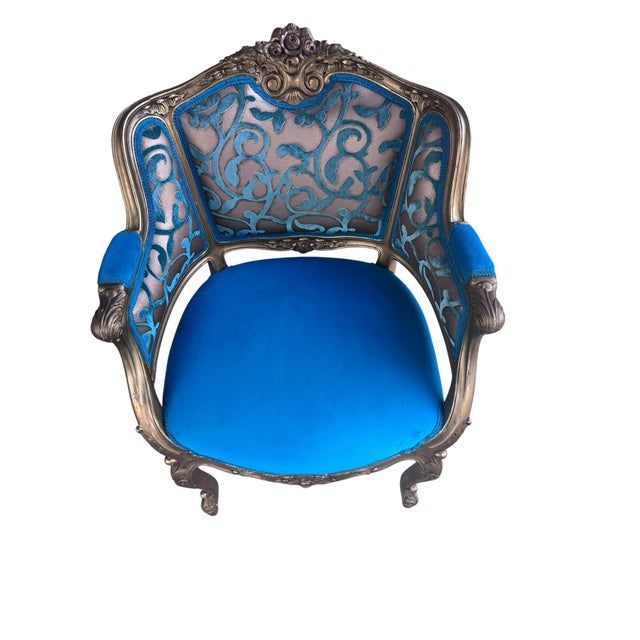 Antique French Louis XV Style Carved & Painted Bergere Gilt Chairs Newly Reupholstered in Patterned Teal Velvet - Pair For Sale - Image 10 of 10