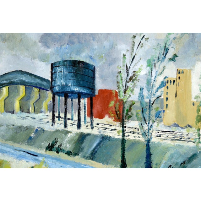 American Industrial Landscape With Trees in Oil on Linen by Doris Lyons Hoover For Sale - Image 3 of 8