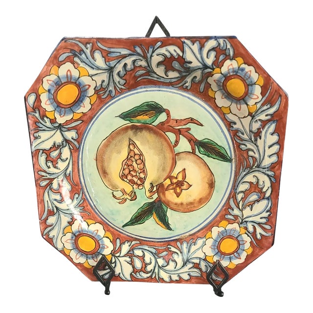Late 20th Century Italian Majolica Hand Painted Floral Pomegranate Platter Wall Hanging For Sale