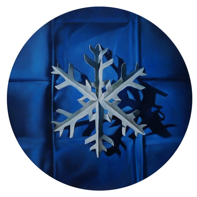 Paper Snowflake 3 by Amy Ordoveza | Oil on aluminum composite panel Snowflake on blue background For Sale