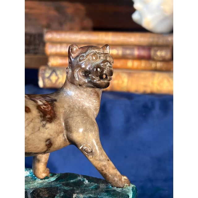 Early 20th Century Pair of Early 20th Century Chinese Carved Marble Lions on the Faux Malachite Stone Bases For Sale - Image 5 of 14