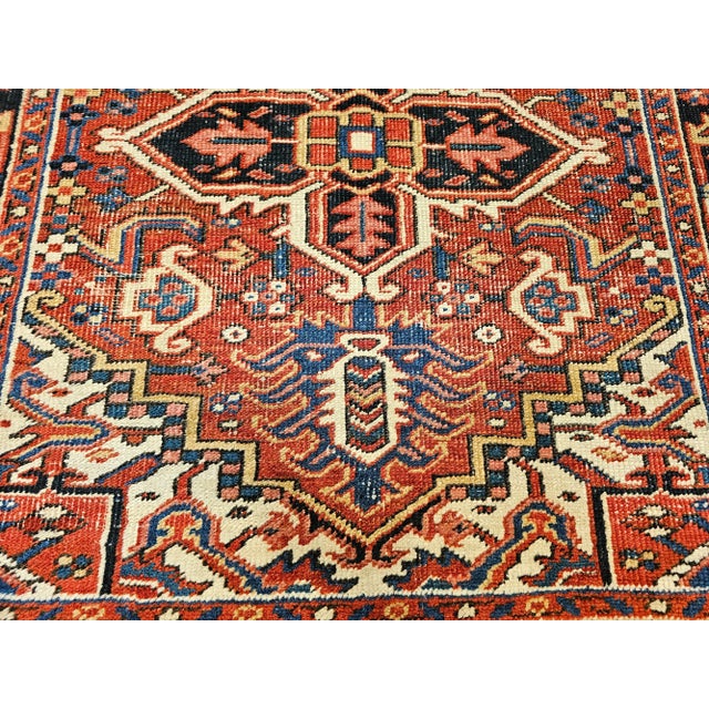 Vintage Persian Heriz Serapi Area Rug, Handwoven Geometric Pattern, Brick Red & Ivory, 4’ X 4’ For Sale - Image 9 of 12