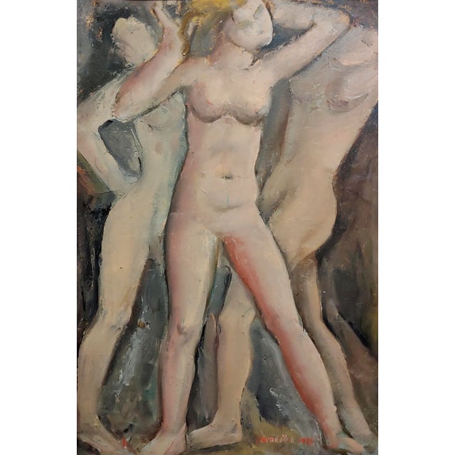 Figurative 1929 Three Nude Female Figures -Early Fauvism Oil Painting For Sale - Image 3 of 9
