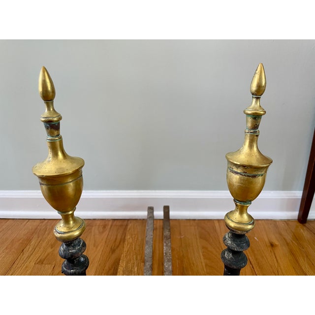 Pair of Early 20th Century Brass Topped Federal Style Andirons For Sale - Image 4 of 9