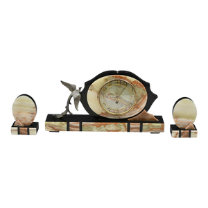 1930s French Art Deco Mantle Clock 3-Piece Set in Onyx and Black Marble With Original Pair of Garnitures