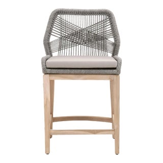 Loom Outdoor Counter Stool, Smoke Grey Teak with Platinum Rope For Sale