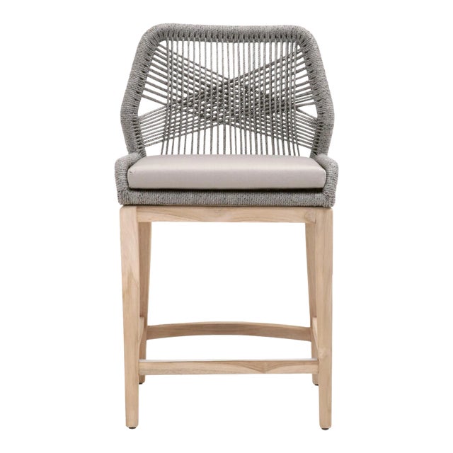 Loom Outdoor Counter Stool, Smoke Grey Teak with Platinum Rope For Sale