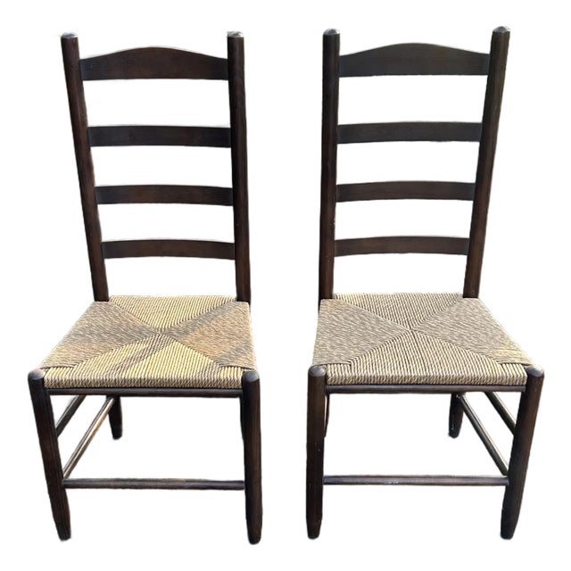 Set of 2 Vintage Dark Wood and Rush Seat Ladder Back Chairs For Sale