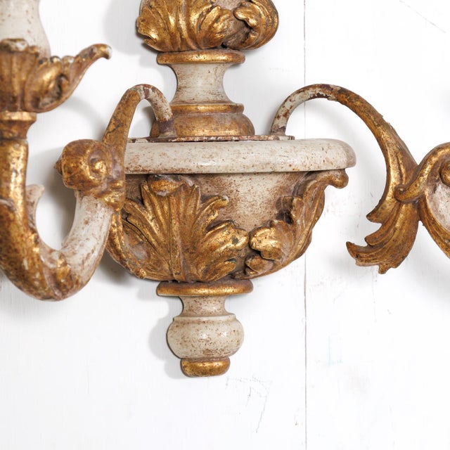 Vintage 20th Century Pair Italian Painted and Parcel Gilt Hand Carved Wooden 2-Light Sconces For Sale In Birmingham - Image 6 of 10