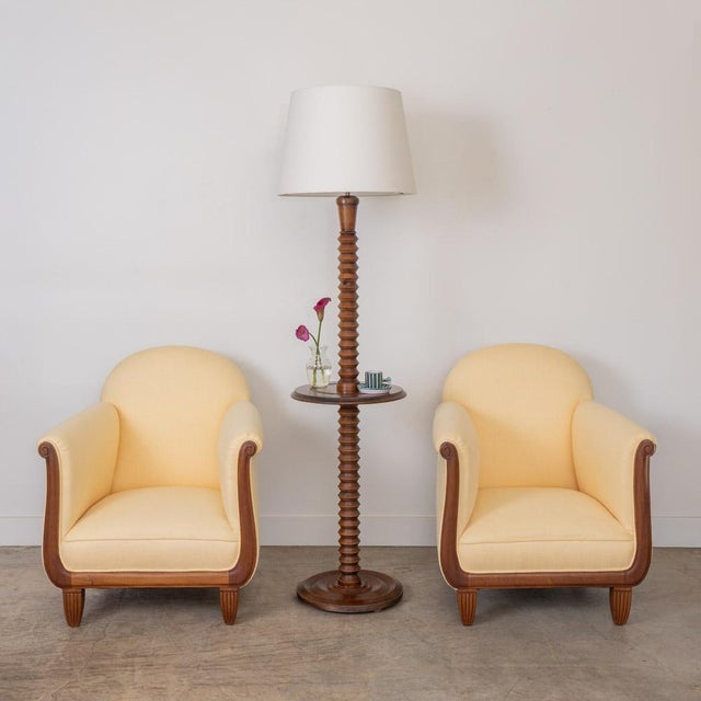 Wonderful carved wood floor lamp and table by Charles Dudouyt from France, 1940s. Carved wood stem with table detail on...