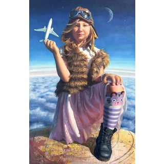 Future of Flight by Denise Dambrackas | Acrylic & oil on panel Girl holding a toy airplane above clouds. For Sale