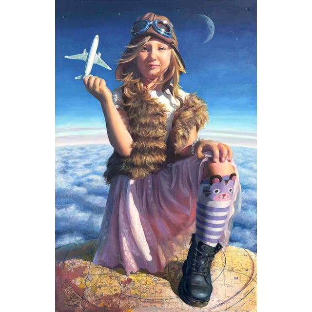 Future of Flight by Denise Dambrackas | Acrylic & oil on panel Girl holding a toy airplane above clouds. For Sale