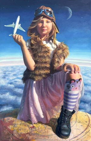 Future of Flight by Denise Dambrackas | Acrylic & oil on panel Girl holding a toy airplane above clouds.