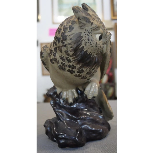 Up for sale is a Vintage Circa 1970 Chinese Shiwan Pottery Owl Atop Rock Figurine! It measures 6 1/2” tall. The piece is...