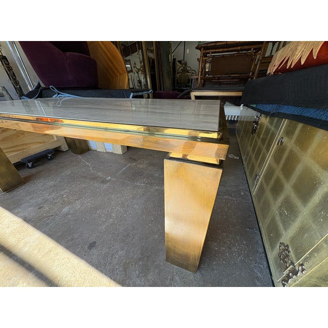 Guy Lefevre 1970s French Modern Brass and Travertine Dining Table For Sale - Image 4 of 18