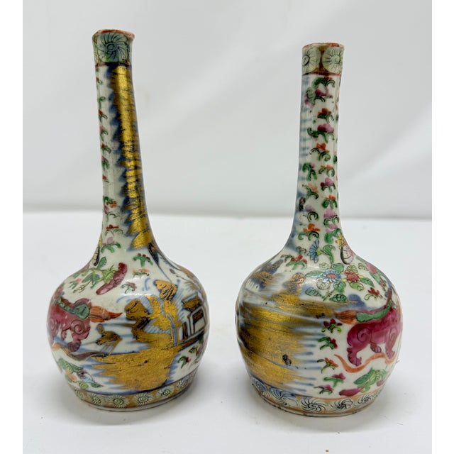 Chinese Pair, 19th Century Chinese Clobbered Rose Medallion Bottle Vases For Sale - Image 3 of 8