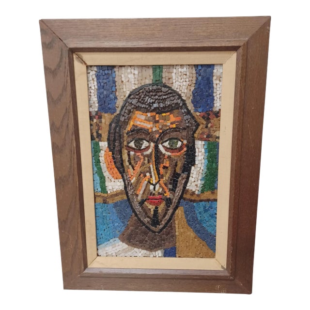 Vintage Mosaic Art of Man's Face on Wood For Sale