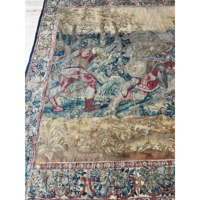 17th Century Fine Brussels Tapestry, Silk Wool, Green, Blue, Red, Battle Scene For Sale - Image 14 of 18