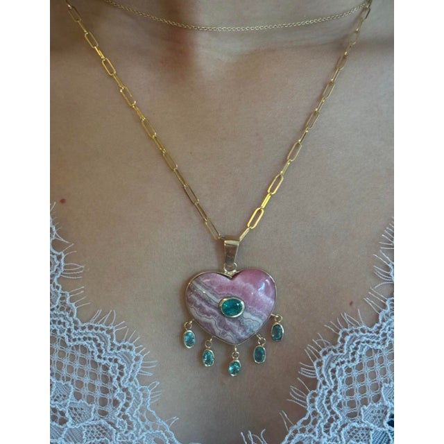 Large Rhodochrosite Heart Pendant With Emeralds & 14k Gold For Sale - Image 14 of 14