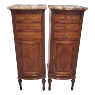 Antique French Inlaid Mahogany Louis XVI Semainier Style Narrow Tall Marble Top Jewelry, Lingere Side Tables Storage Chests- A Pair For Sale