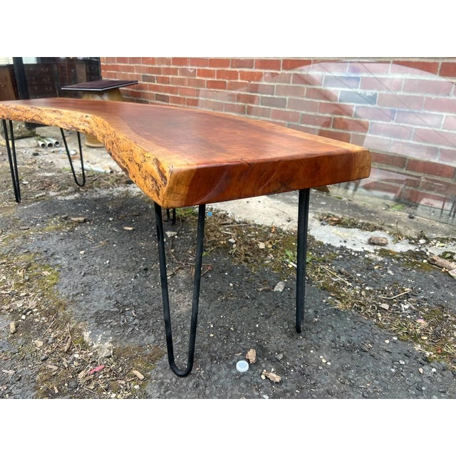 Late 20th Century Rustic Style Live Edge Slab Wood Top Coffee Table/ Bench With Iron Hairpin Legs For Sale - Image 16 of 18