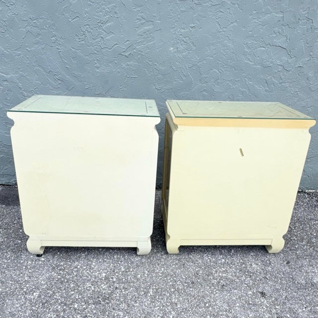 Vintage Chinese Hand Painted Cream and Gold Glass Top Nightstands/Cabinets - A Pair For Sale In West Palm - Image 6 of 12