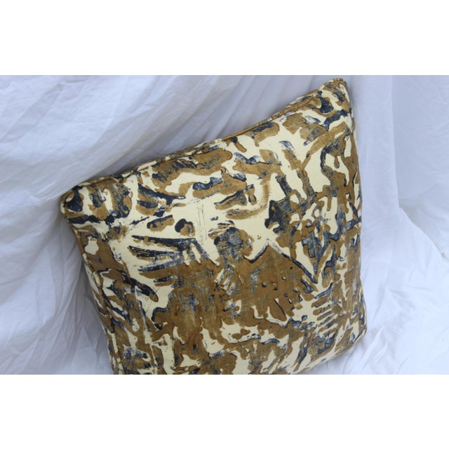 Contemporary Printed Linen Navy Blue and Bronze Down Pillows - a Pair For Sale In San Diego - Image 6 of 12