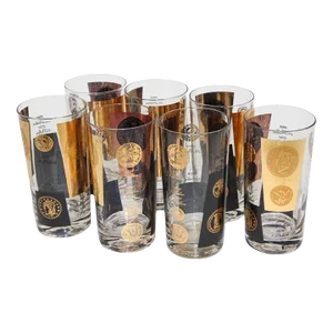 Vintage Midcentury Barware Rocks Glasses 1960s Gold Presidential Coins - Set of 7