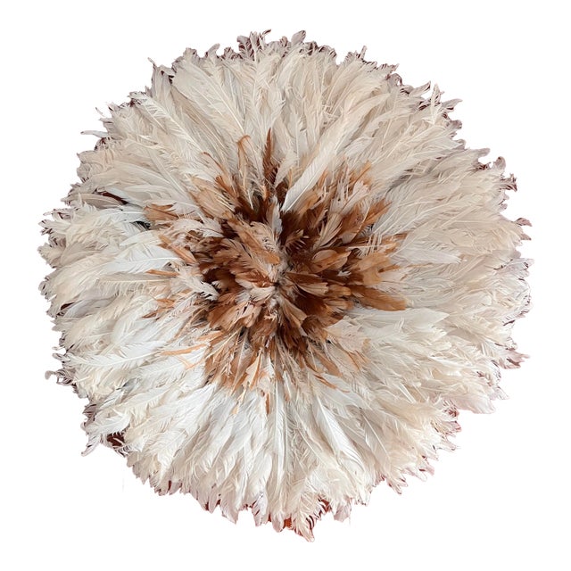 African Juju Feather Headdress, 19 In. Diameter, White and Brown For Sale